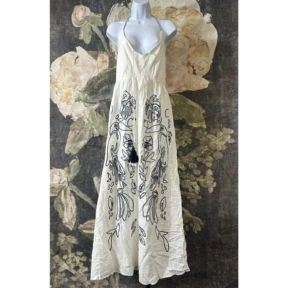 New Farm Rio Embroidered Halter Dress Linen Anthropologie Maxi Backless  Size M